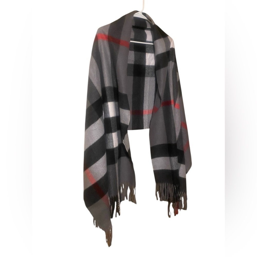 Sky Cashmere 100% Virgin Wool Scarf 26”X78” Fringe Beige Black Red Plaid Luxury - Picture 8 of 15